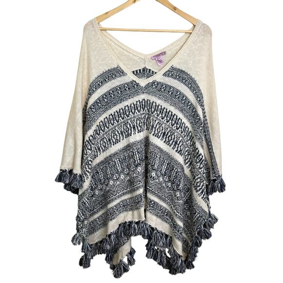 Calypso St. Barth Cotton Linen Cashmere Blend Cream Blue Gabena Poncho - Picture 2 of 7